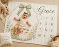 Personalized Lamb Baby Milestone Blanket, Sage Green Bow Monthly Milestone Blanket, Custom Baby Name Blanket, Baby Girl First