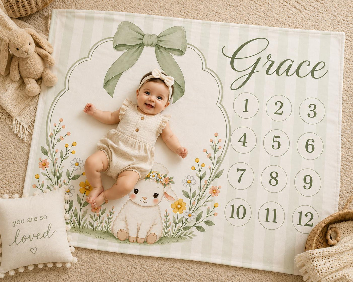 Personalized Lamb Baby Milestone Blanket, Sage Green Bow Monthly Milestone Blanket, Custom Baby Name Blanket, Baby Girl First