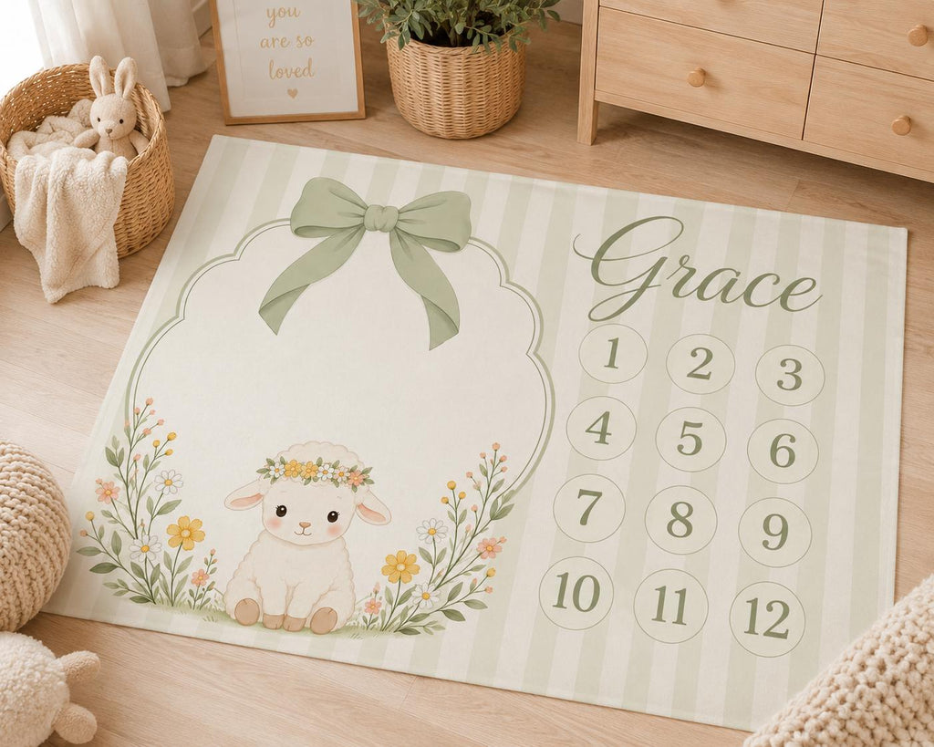 Personalized Lamb Baby Milestone Blanket, Sage Green Bow Monthly Milestone Blanket, Custom Baby Name Blanket, Baby Girl First