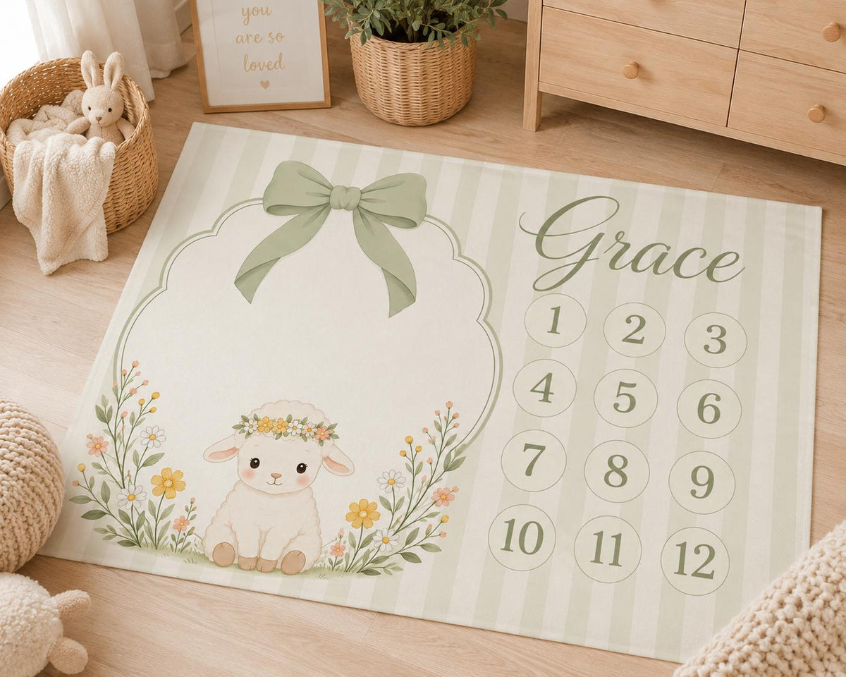 Personalized Lamb Baby Milestone Blanket, Sage Green Bow Monthly Milestone Blanket, Custom Baby Name Blanket, Baby Girl First