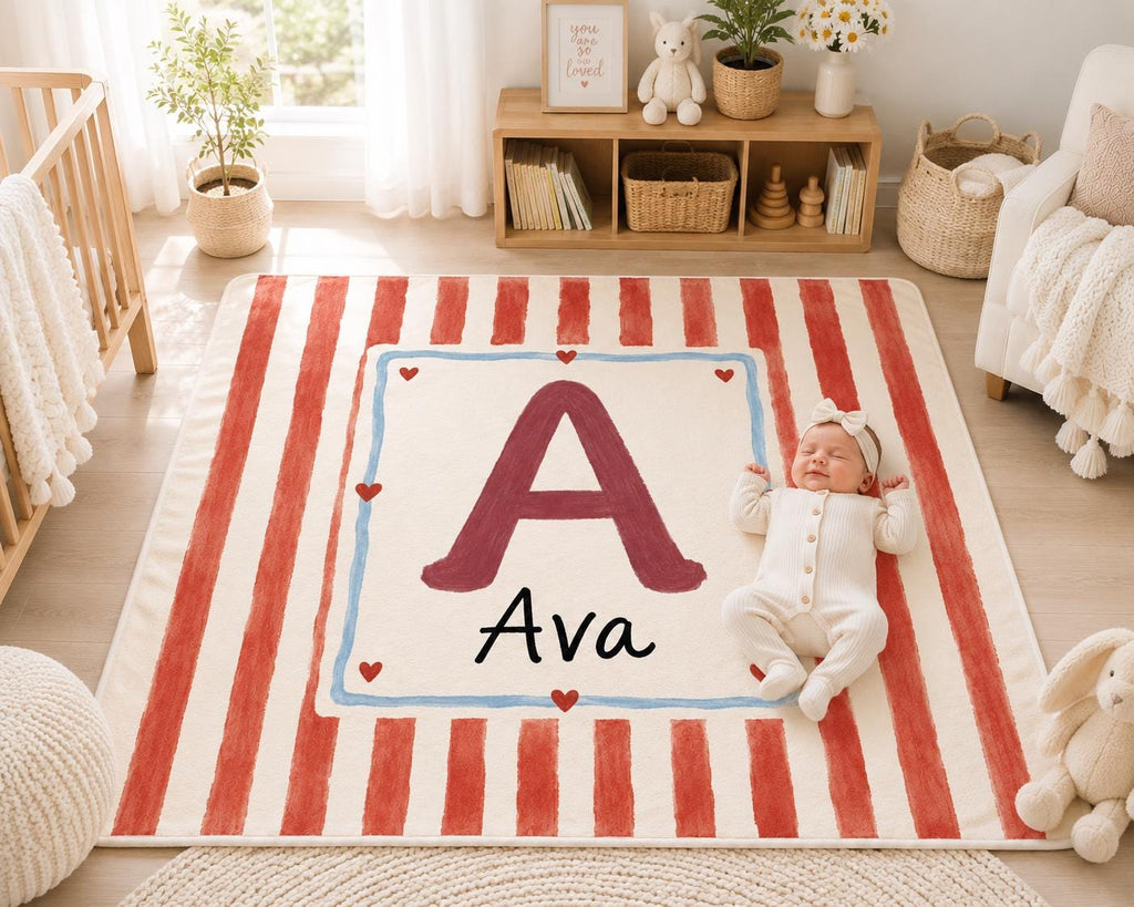 Personalized Initial Baby Blanket, Red Striped Monogram Baby Blanket, Custom Baby Name Blanket, Nursery Blanket, Newborn Gift