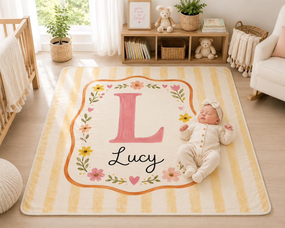 Personalized Initial Baby Blanket, Floral Monogram Baby Blanket, Custom Baby Name Blanket, Yellow Striped Nursery Blanket, Ne