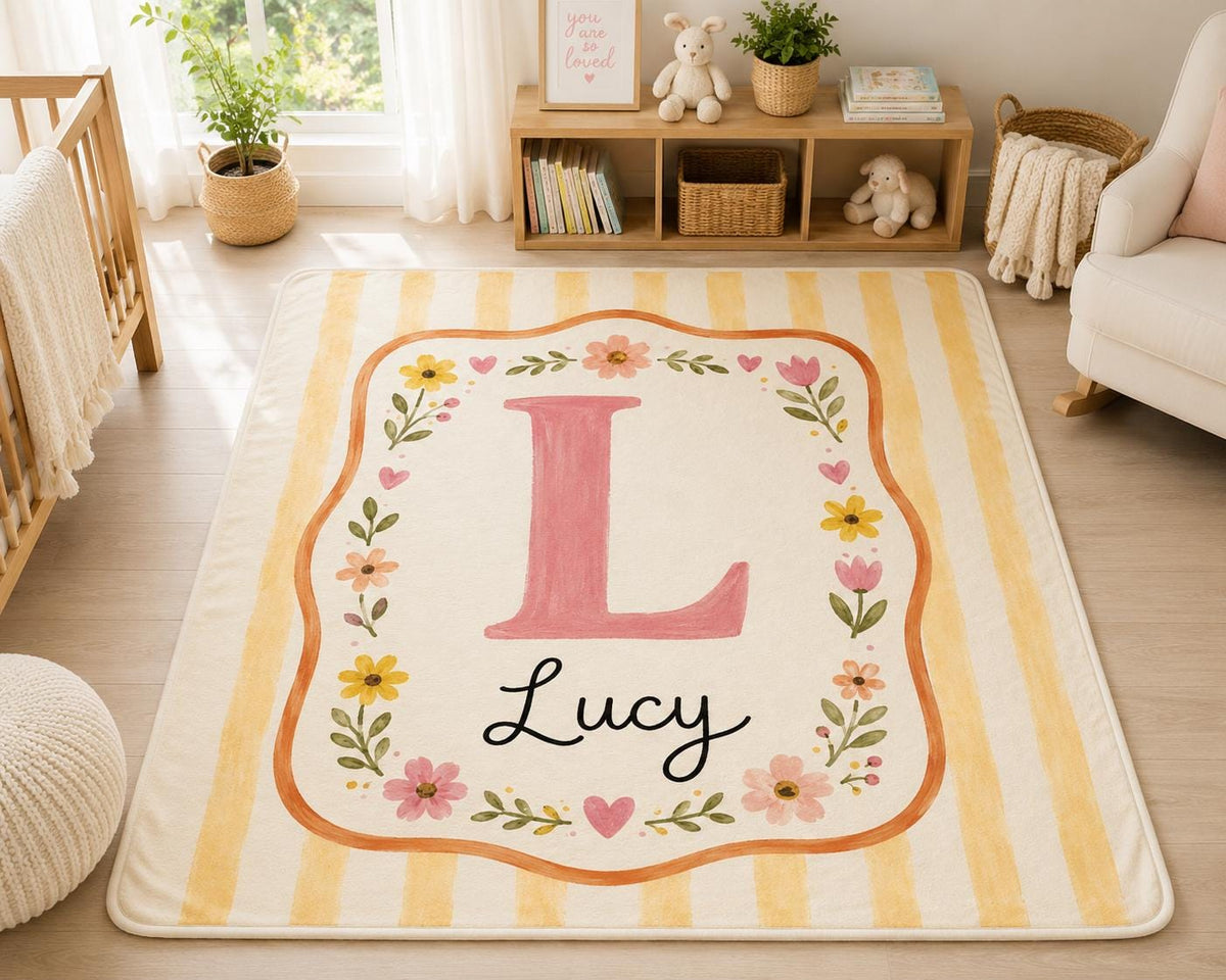 Personalized Initial Baby Blanket, Floral Monogram Baby Blanket, Custom Baby Name Blanket, Yellow Striped Nursery Blanket, Ne