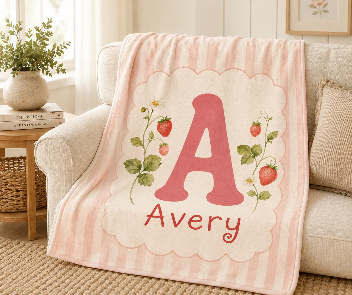 Personalized Strawberry Baby Blanket, Custom Initial Baby Blanket, Pink Monogram Nursery Blanket, Baby Girl Name Blanket, New