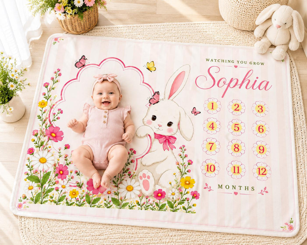 Personalized Bunny Baby Milestone Blanket, Floral Monthly Milestone Blanket, Custom Baby Name Blanket, Baby Girl First Year B