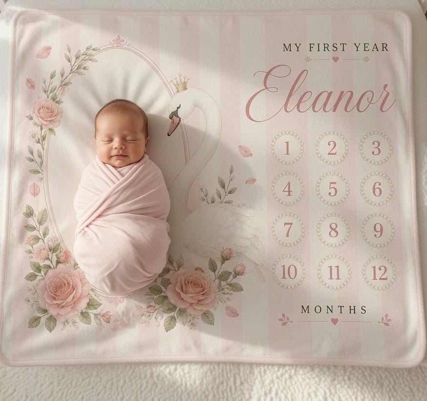 Personalized Swan Baby Milestone Blanket, Pink Monthly Milestone Blanket, Custom Baby Name Blanket, Baby Girl First Year Blan