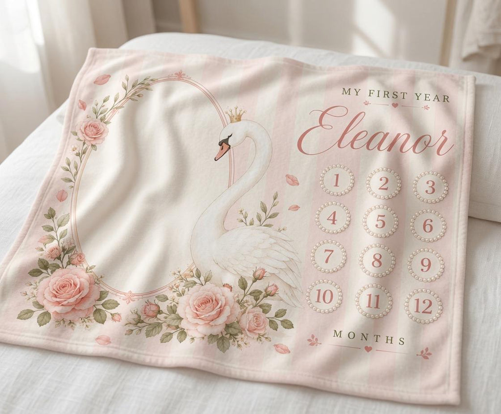 Personalized Swan Baby Milestone Blanket, Pink Monthly Milestone Blanket, Custom Baby Name Blanket, Baby Girl First Year Blan