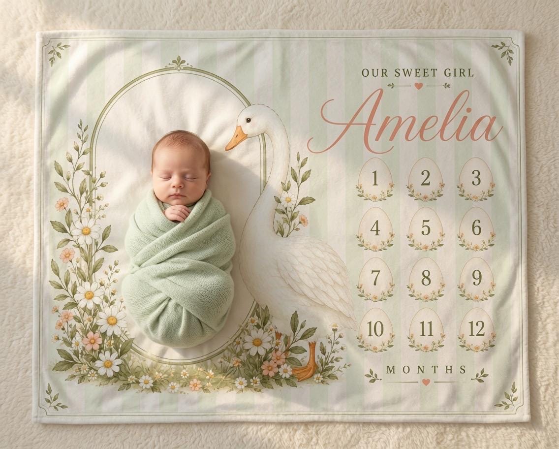 Personalized Goose Milestone Blanket for Baby Girl - Floral Baby Monthly Photo Prop - Custom Name Newborn Growth Tracker