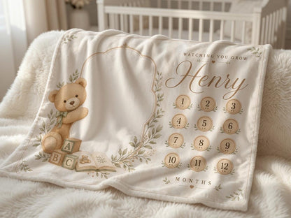 Personalized Teddy Bear Baby Milestone Blanket, Neutral Monthly Milestone Blanket, Custom Baby Name Blanket, Baby Boy First Y