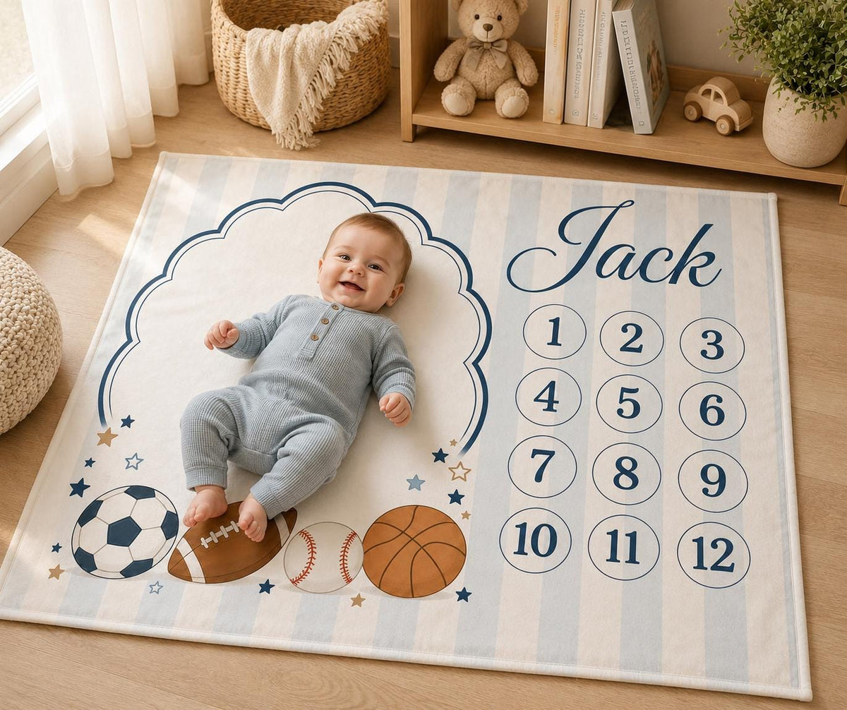 Personalized Sports Baby Milestone Blanket, Custom Boy Monthly Milestone Blanket, Football Soccer Basketball Baseball Baby Bl