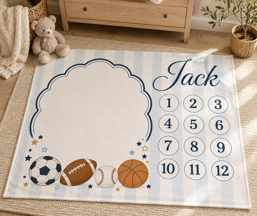 Personalized Sports Baby Milestone Blanket, Custom Boy Monthly Milestone Blanket, Football Soccer Basketball Baseball Baby Bl