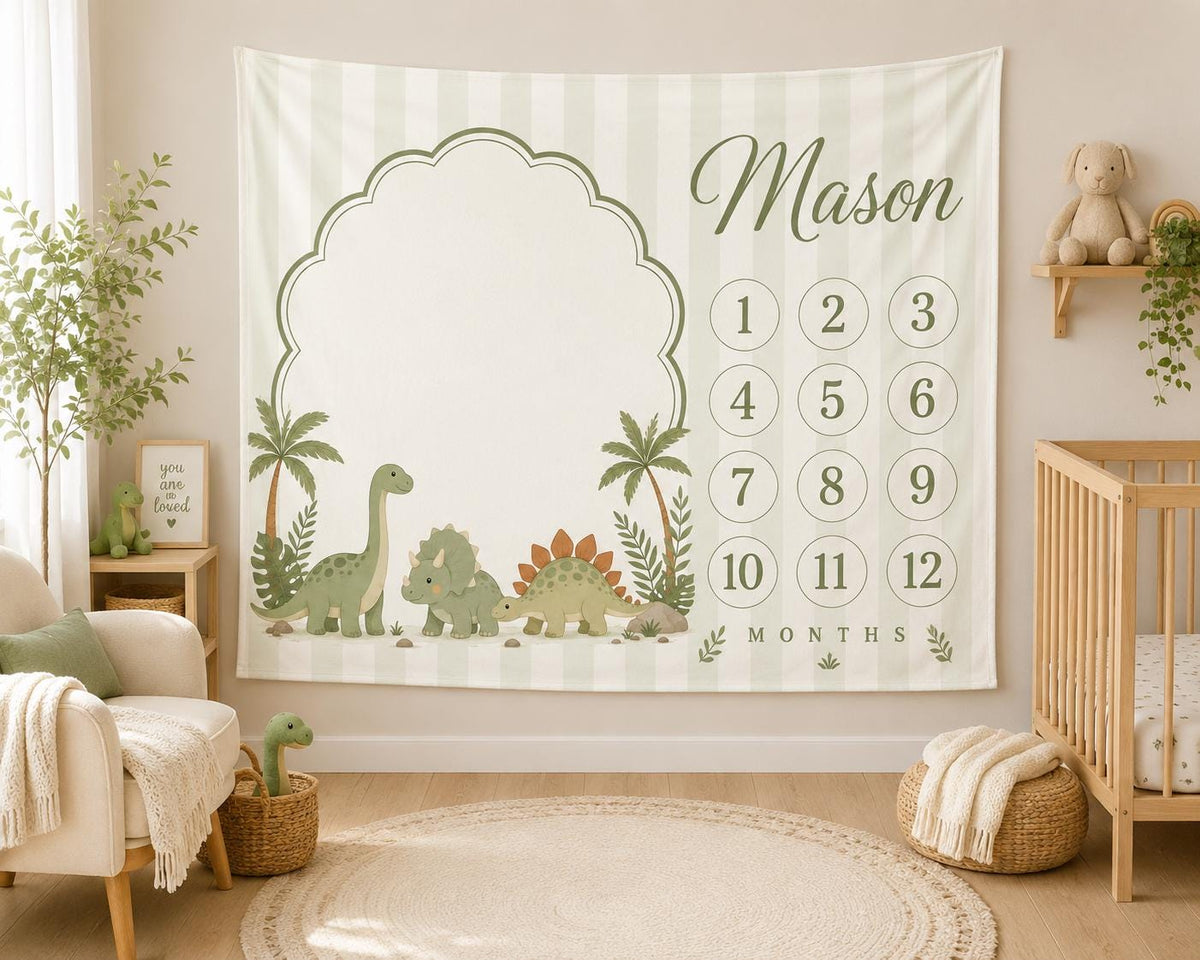 Personalized Dinosaur Baby Milestone Blanket, Dino Baby Shower Gift, Custom Monthly Milestone Blanket, Baby Boy First Year Bl