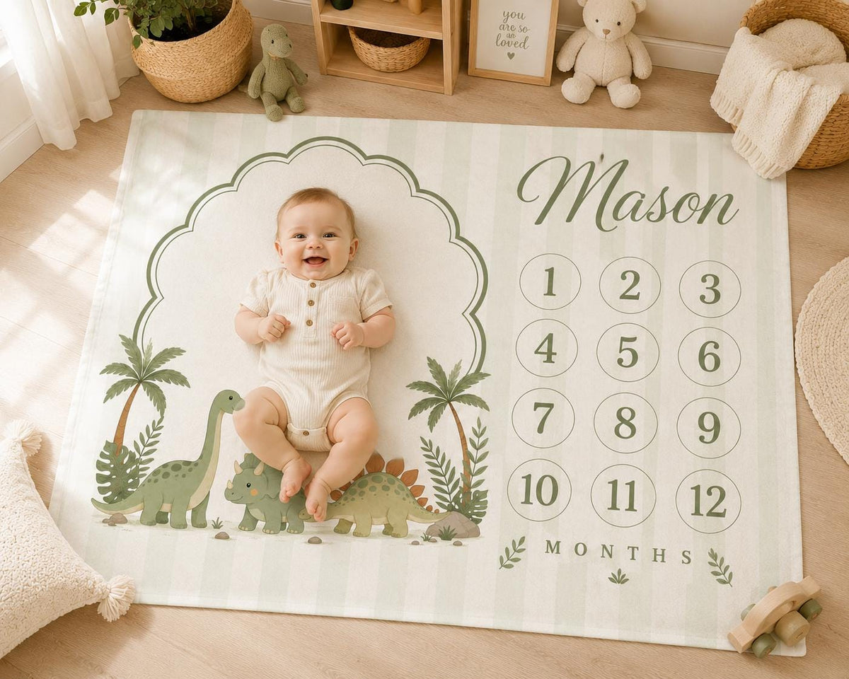 Personalized Dinosaur Baby Milestone Blanket, Dino Baby Shower Gift, Custom Monthly Milestone Blanket, Baby Boy First Year Bl