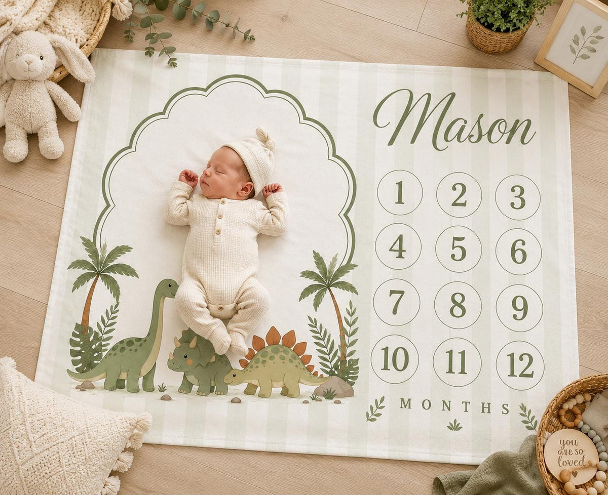 Personalized Dinosaur Baby Milestone Blanket, Dino Baby Shower Gift, Custom Monthly Milestone Blanket, Baby Boy First Year Bl