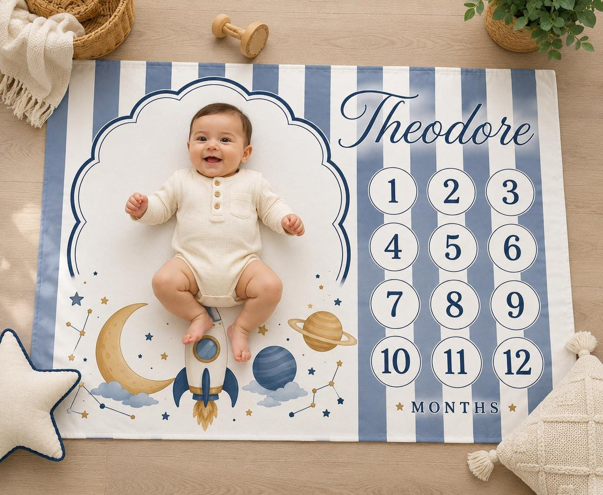 Personalized Space Baby Milestone Blanket, Rocket Baby Shower Gift, Custom Monthly Milestone Blanket, Outer Space Baby Boy Bl