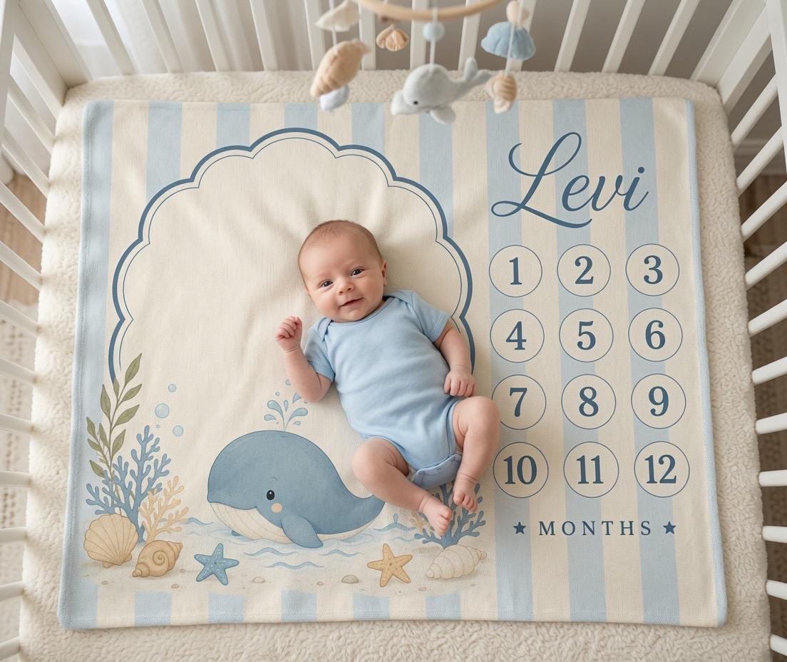 Personalized Whale Baby Milestone Blanket, Ocean Baby Shower Gift, Custom Monthly Milestone Blanket, Under the Sea Baby Boy B