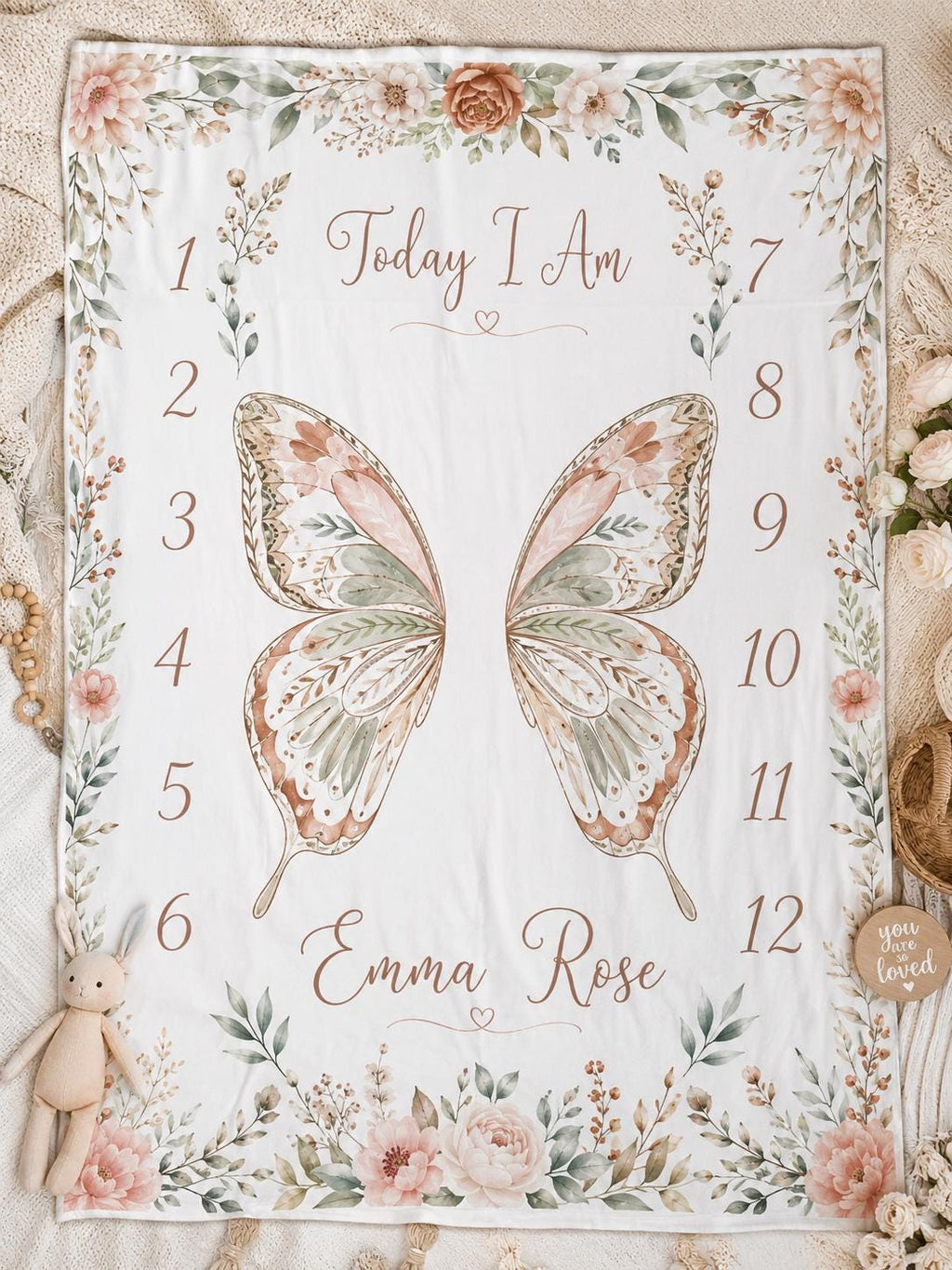 Personalized Butterfly Baby Milestone Blanket, Floral Baby Shower Gift, Boho Baby Girl Monthly Milestone Blanket, Custom Firs
