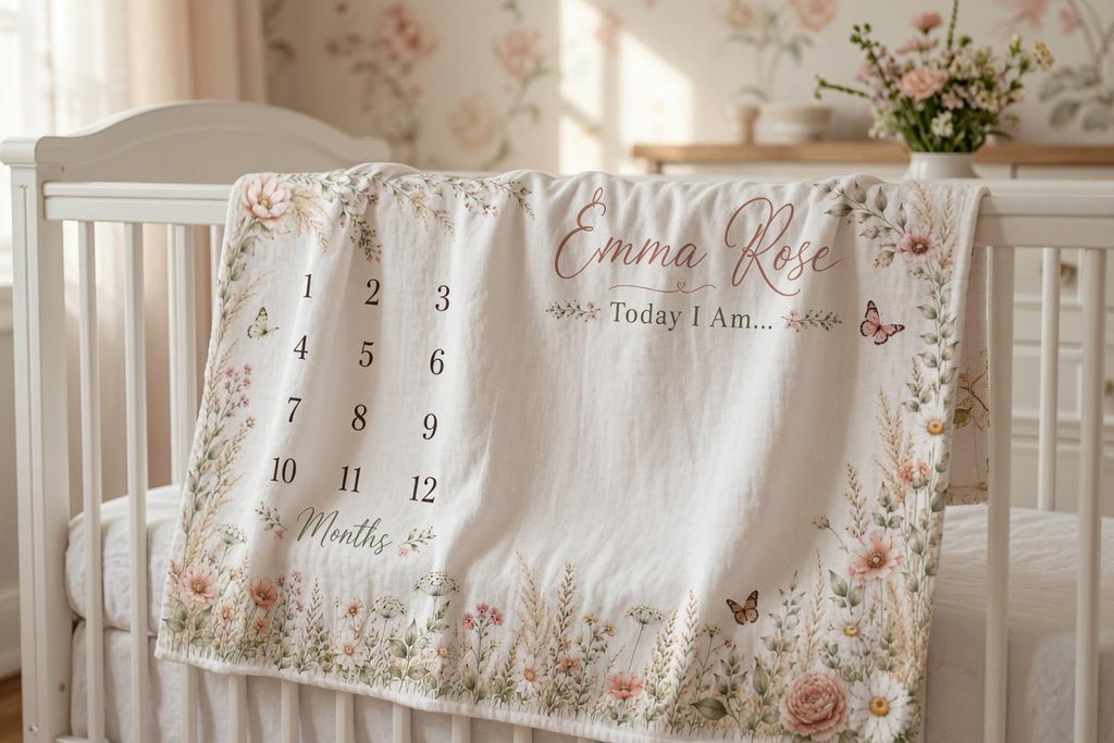 Personalized Wildflower Baby Milestone Blanket, Floral Baby Shower Gift, Custom Baby Girl Monthly Milestone Blanket, Today I 