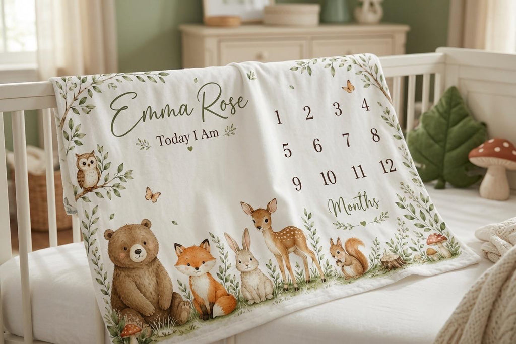 Personalized Woodland Baby Milestone Blanket, Forest Animal Baby Shower Gift, Custom Monthly Milestone Blanket, Today I Am Ba