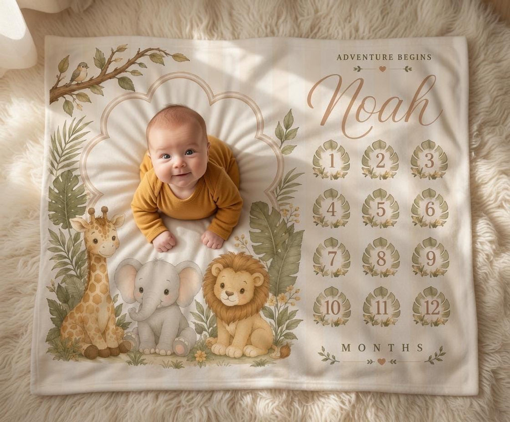 Personalized Safari Baby Milestone Blanket, Jungle Animal Monthly Milestone Blanket, Custom Baby Shower Gift, Adventure Begin