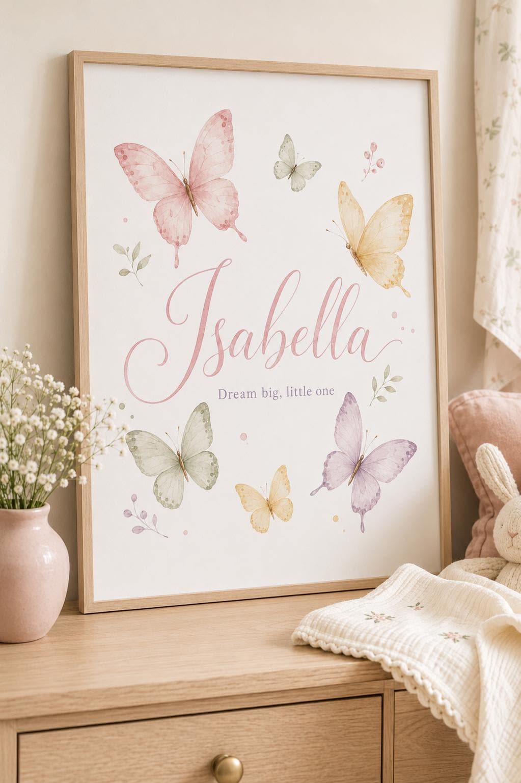 Personalized Butterfly Nursery Name Print, Custom Baby Girl Wall Art, Watercolor Butterfly Nursery Decor, Pastel Baby Name Si