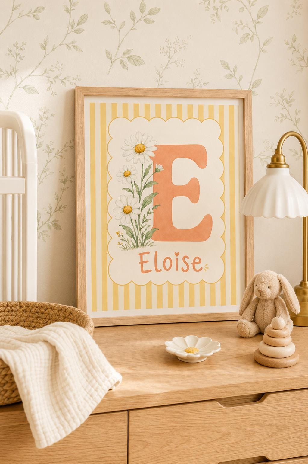 Personalized Daisy Initial Nursery Print, Custom Name Wall Art, Floral Letter Baby Girl Room Decor, Yellow Stripe Printable