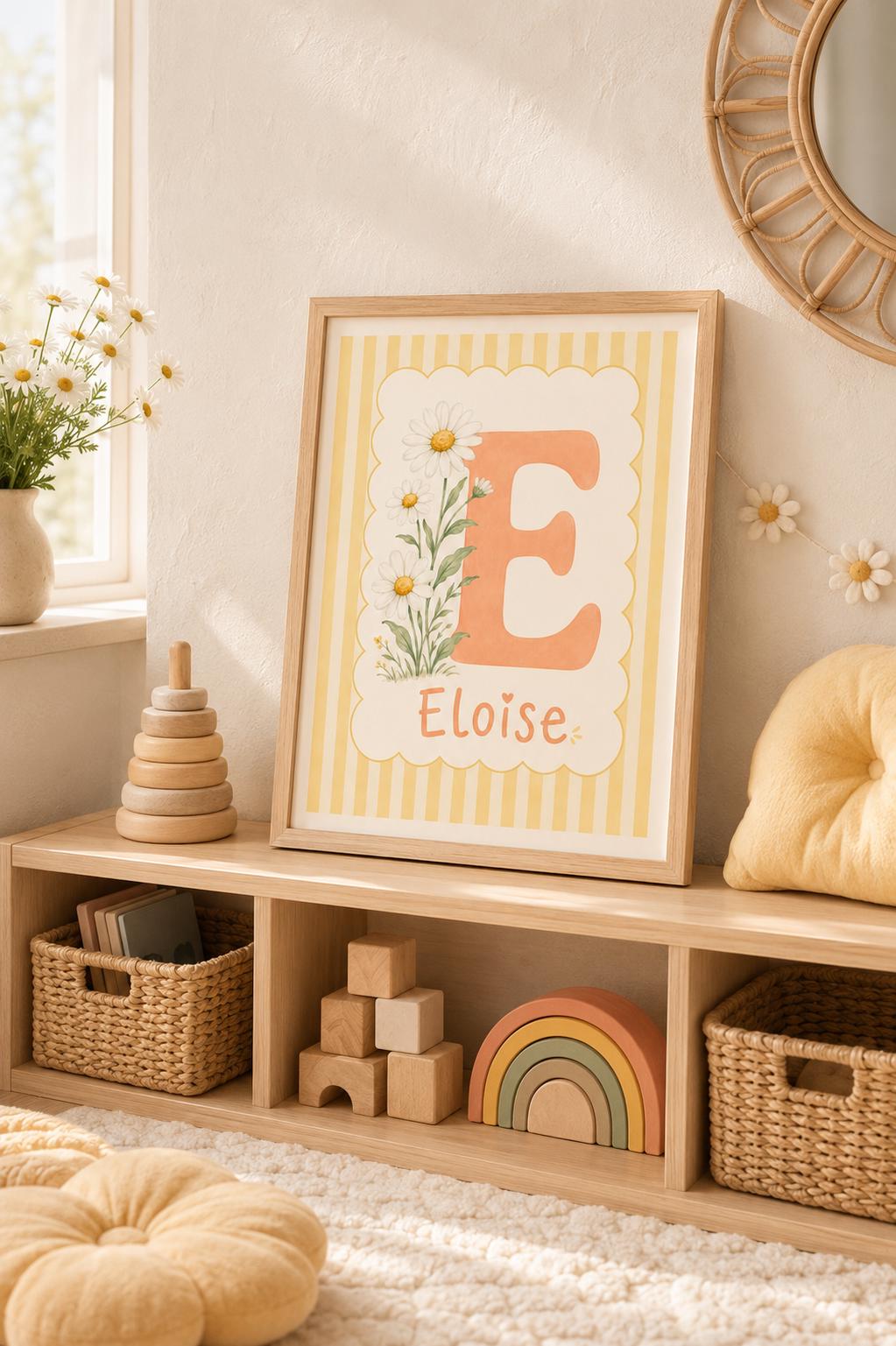 Personalized Daisy Initial Nursery Print, Custom Name Wall Art, Floral Letter Baby Girl Room Decor, Yellow Stripe Printable