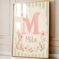 Personalized Bunny Initial Nursery Print, Custom Name Wall Art, Floral Baby Girl Room Decor, Green Stripe Printable