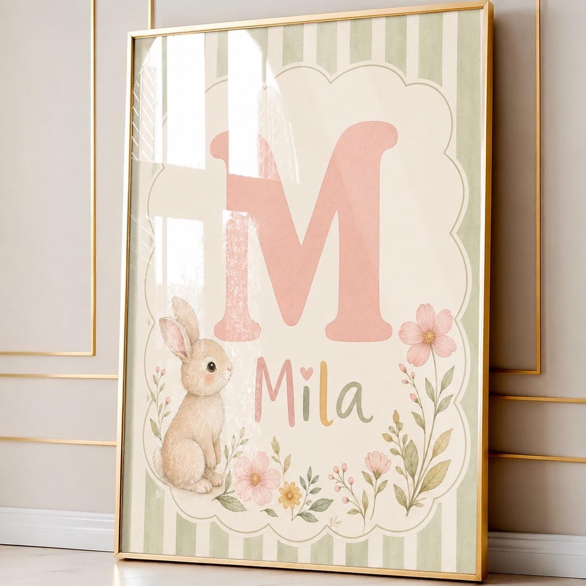 Personalized Bunny Initial Nursery Print, Custom Name Wall Art, Floral Baby Girl Room Decor, Green Stripe Printable