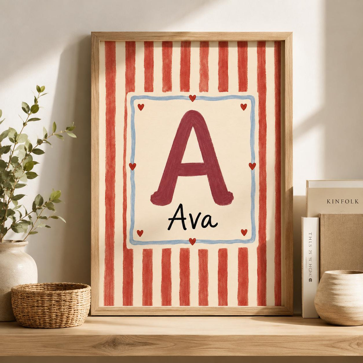 Personalized Initial Nursery Print, Custom Name Wall Art,  Name Print, Red Stripe Kids Room Decor