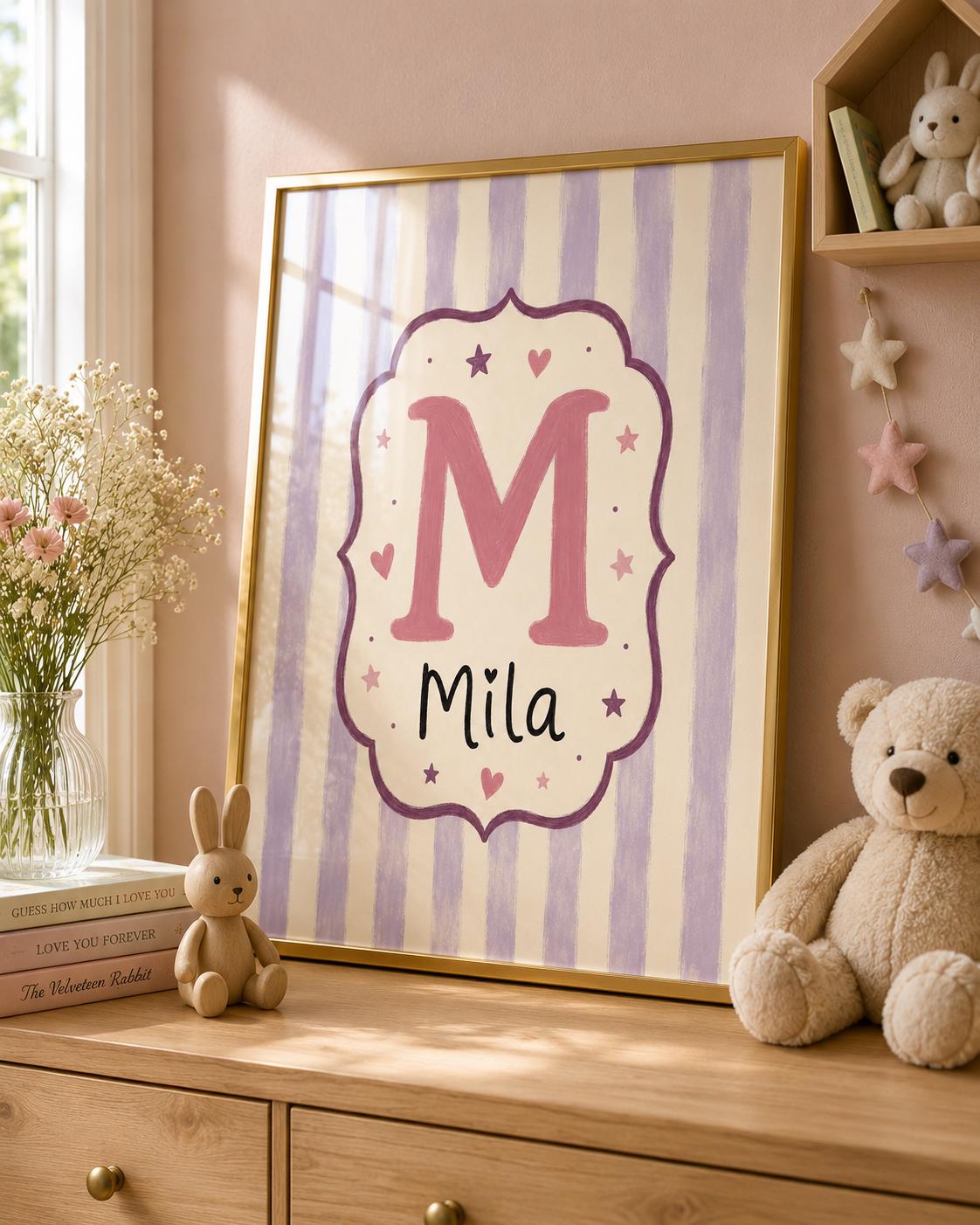 Custom Name Nursery Print, Personalized Kids Wall Art, Initial Name Poster, Lilac Stripe Baby Girl Room Decor Printable