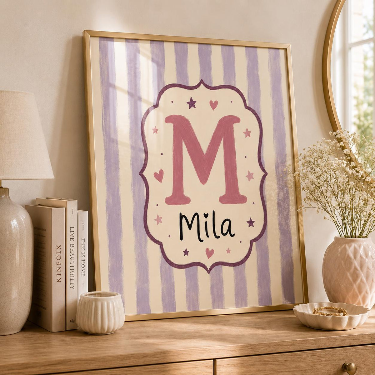 Custom Name Nursery Print, Personalized Kids Wall Art, Initial Name Poster, Lilac Stripe Baby Girl Room Decor Printable