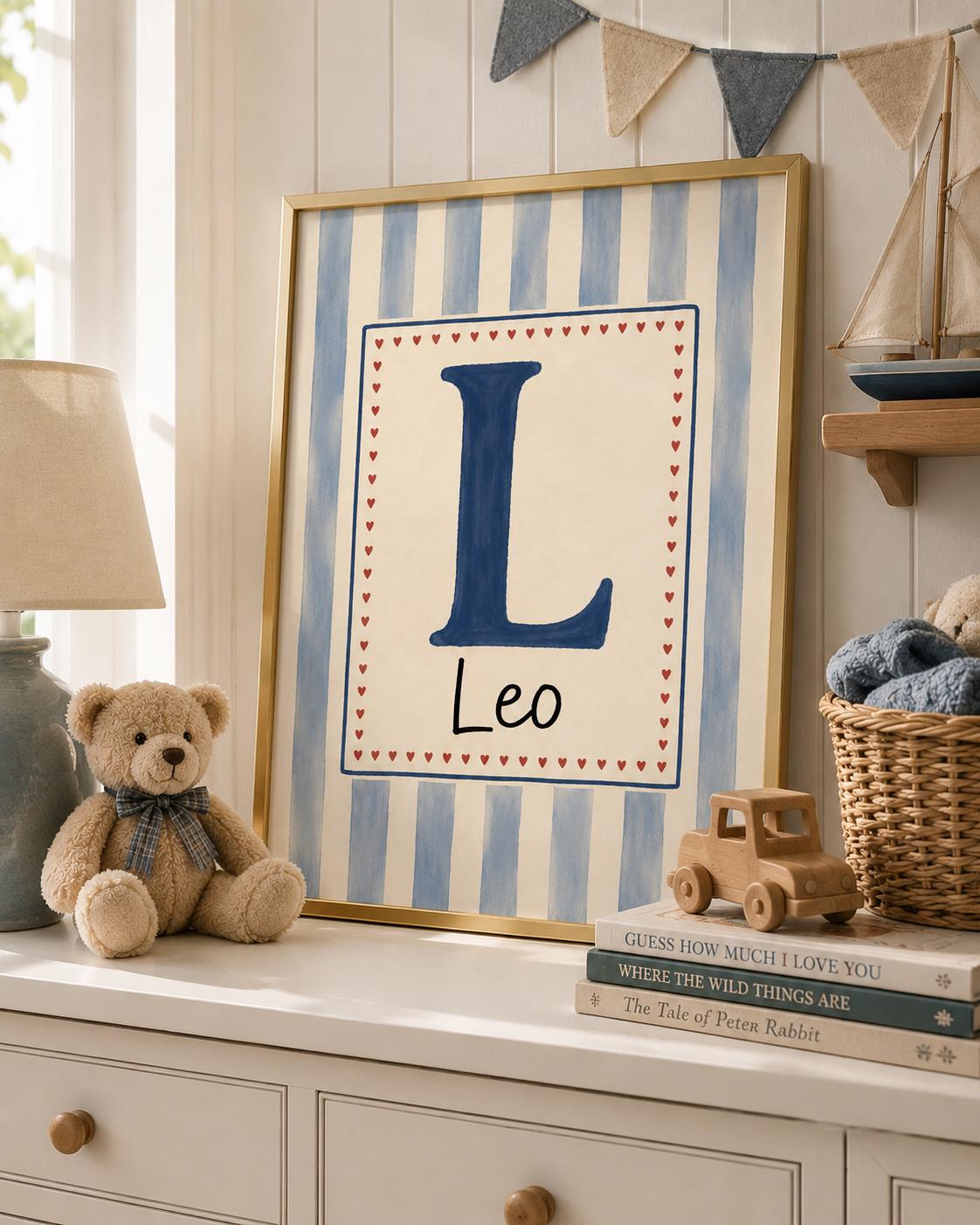 Custom Name Nursery Print, Personalized Initial Wall Art, Blue Stripe Baby Boy Name Poster, Kids Room Decor Printable