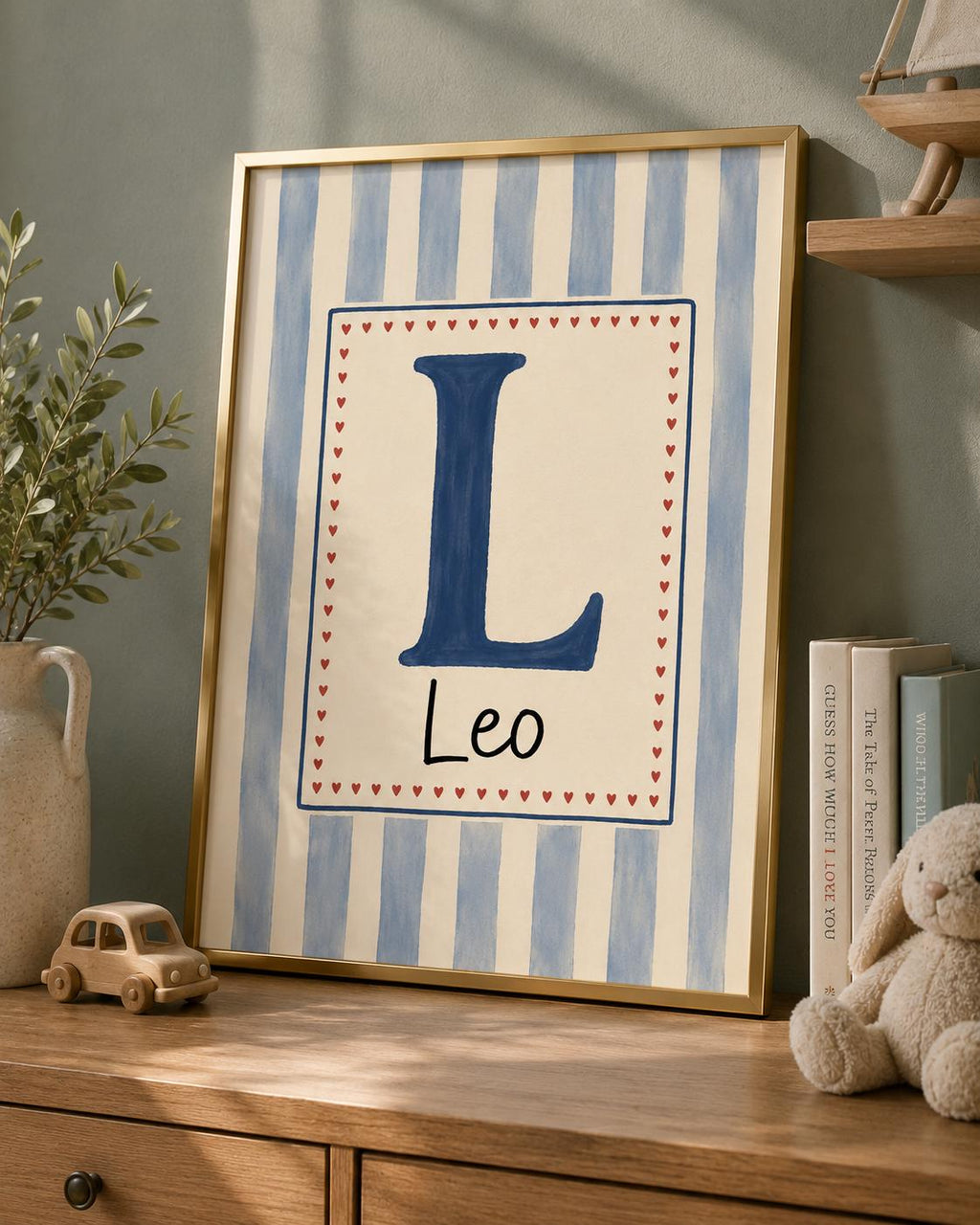 Custom Name Nursery Print, Personalized Initial Wall Art, Blue Stripe Baby Boy Name Poster, Kids Room Decor Printable