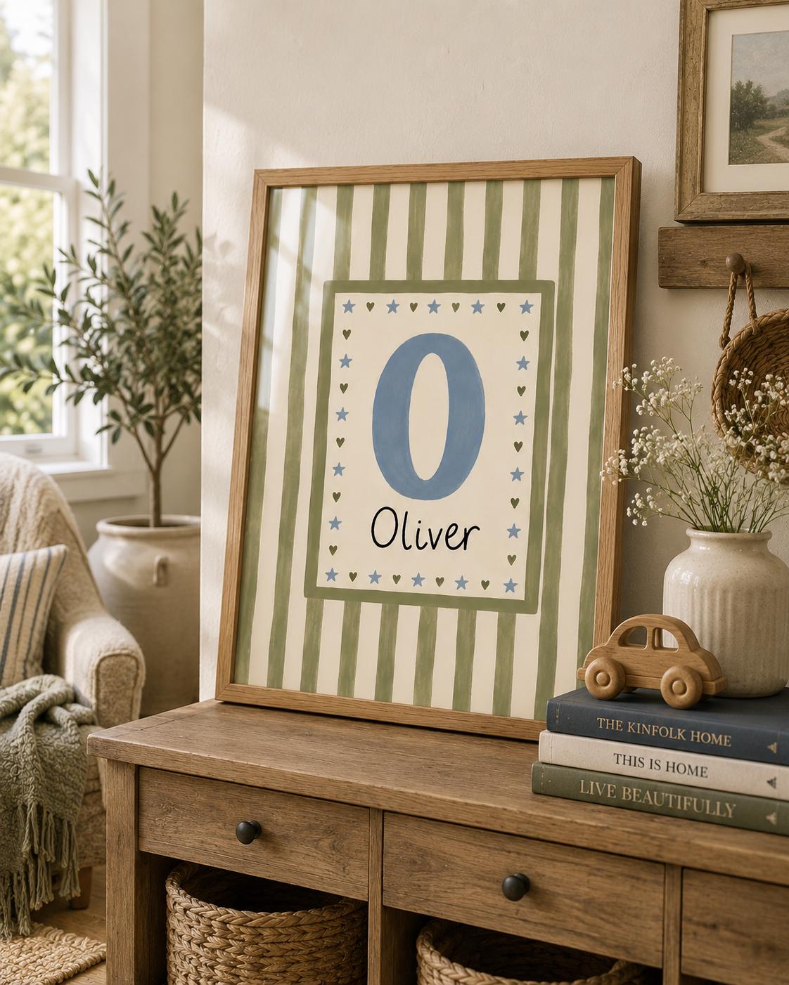 Custom Name Nursery Print, Personalized Initial Wall Art, Green Stripe Baby Boy Name Poster, Kids Room Decor Printable