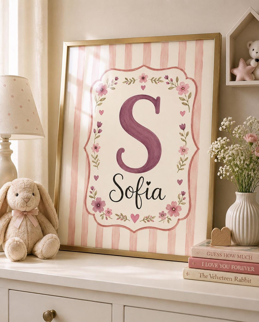 Custom Name Nursery Print, Personalized Initial Wall Art, Pink Floral Baby Girl Name Poster, Kids Room Decor Printable
