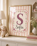 Custom Name Nursery Print, Personalized Initial Wall Art, Pink Floral Baby Girl Name Poster, Kids Room Decor Printable