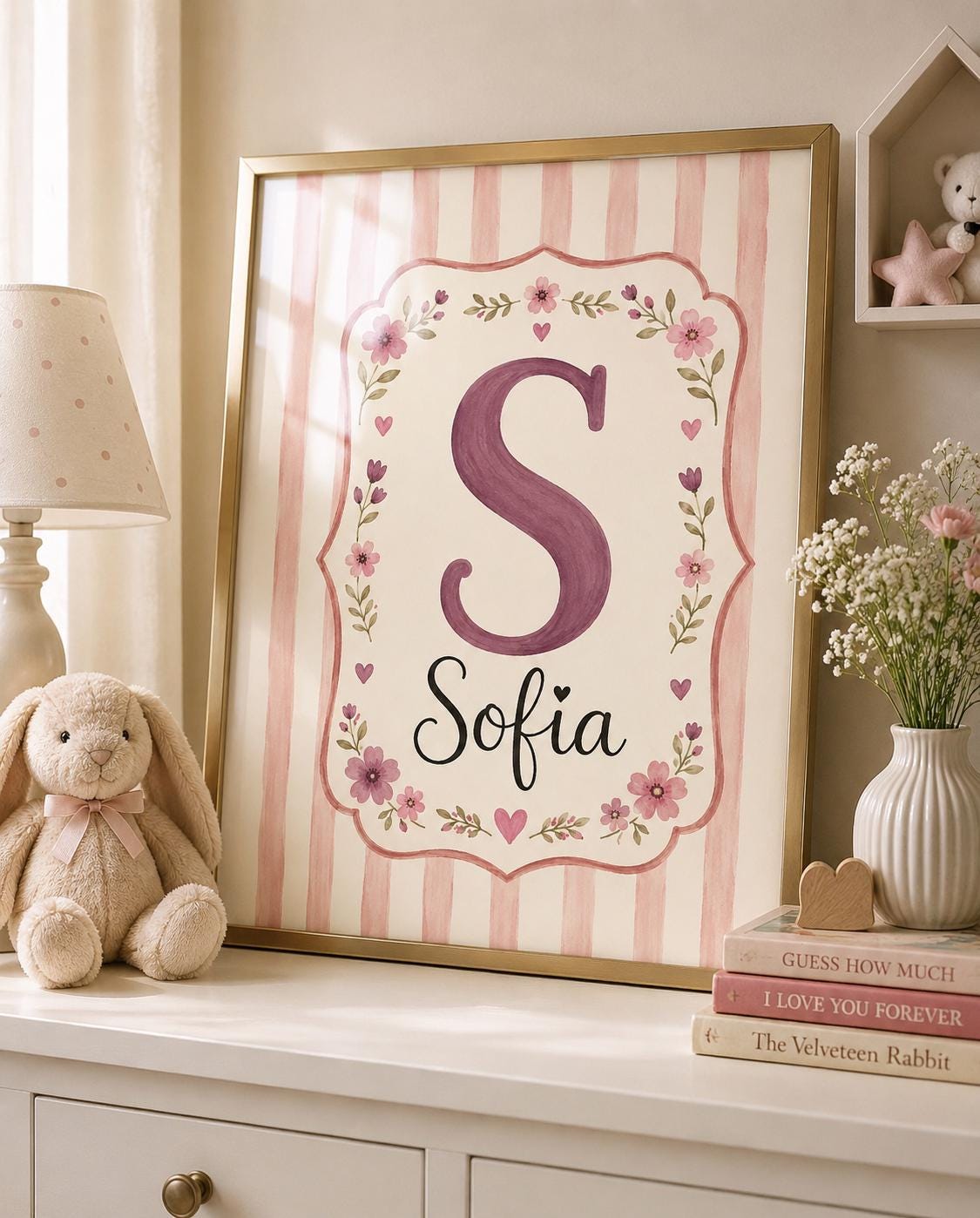 Custom Name Nursery Print, Personalized Initial Wall Art, Pink Floral Baby Girl Name Poster, Kids Room Decor Printable