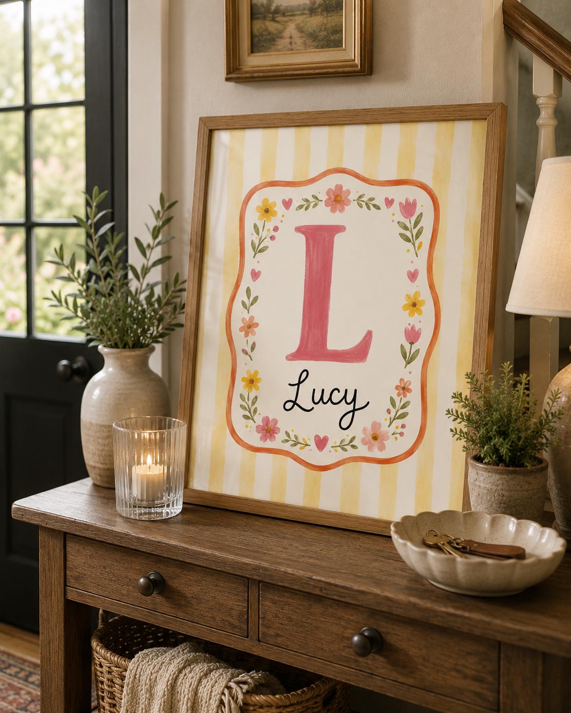 Custom Name Nursery Print, Personalized Initial Wall Art, Yellow Floral Baby Girl Name Poster, Kids Room Decor Printable