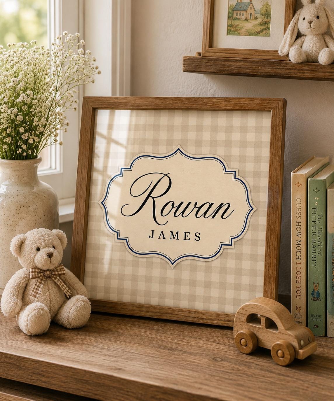 Custom Name Nursery Print, Personalized Baby Boy Wall Art, Gingham Name Poster, Vintage Label Kids Room Decor Printable