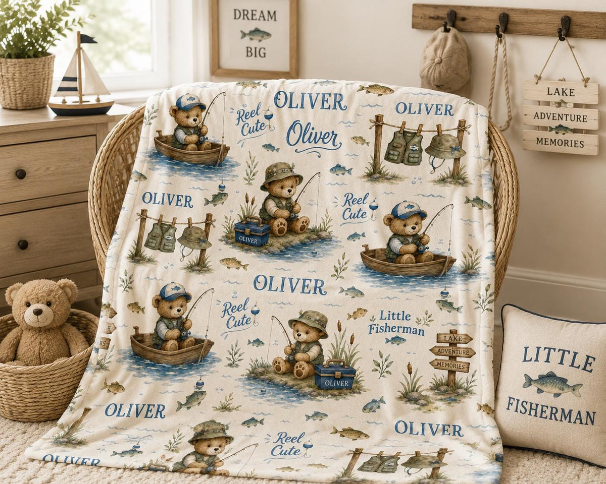 Personalized Fishing Baby Blanket, Little Fisherman Baby Blanket, Custom Baby Boy Name Blanket, Reel Cute Nursery Blanket, Te