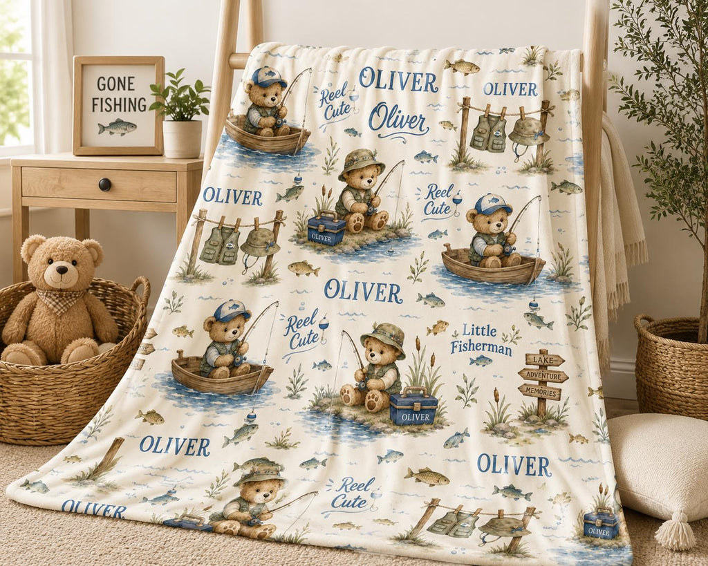 Personalized Fishing Baby Blanket, Little Fisherman Baby Blanket, Custom Baby Boy Name Blanket, Reel Cute Nursery Blanket, Te