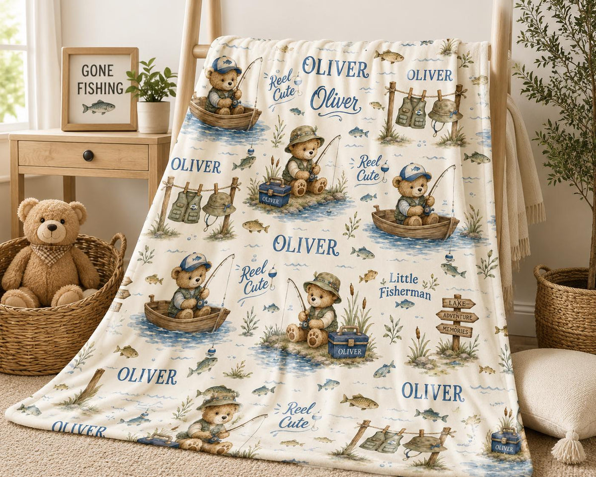 Personalized Fishing Baby Blanket, Little Fisherman Baby Blanket, Custom Baby Boy Name Blanket, Reel Cute Nursery Blanket, Te
