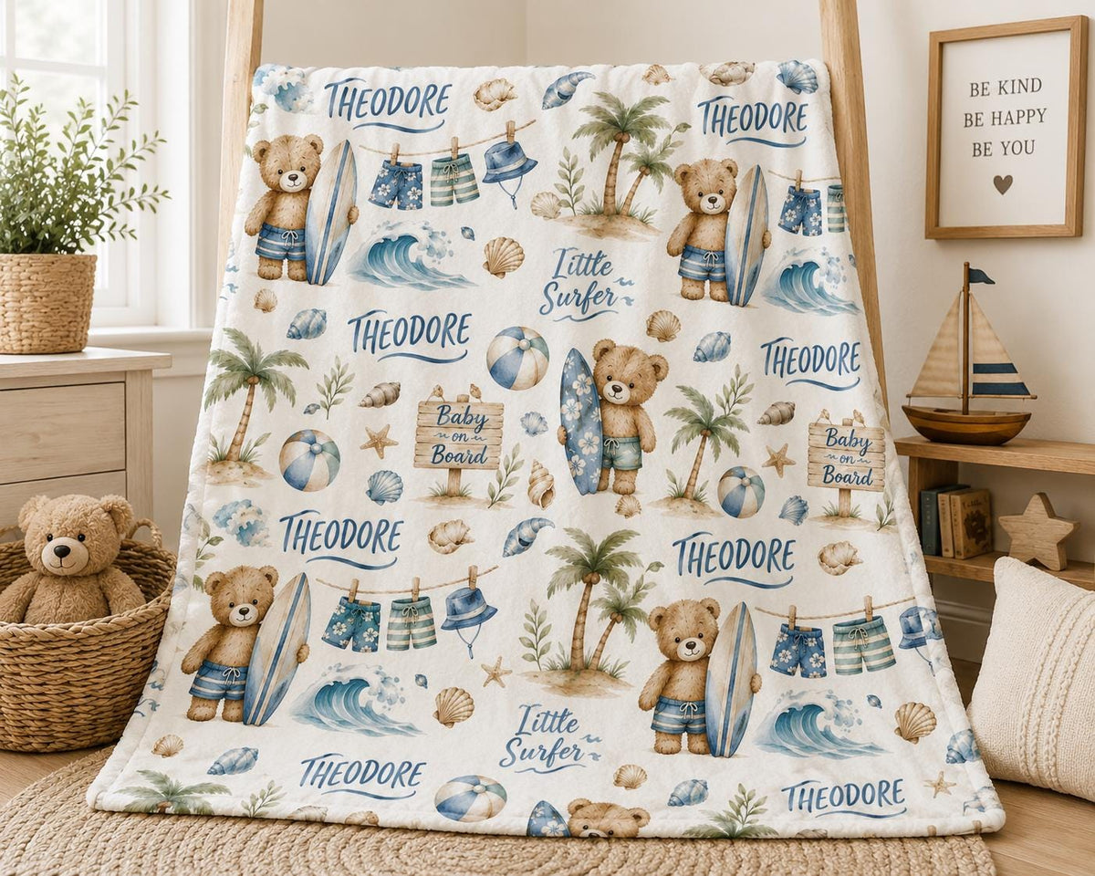 Personalized Surfer Baby Blanket, Baby on Board Blanket, Custom Baby Boy Name Blanket, Little Surfer Nursery Blanket, Beach T