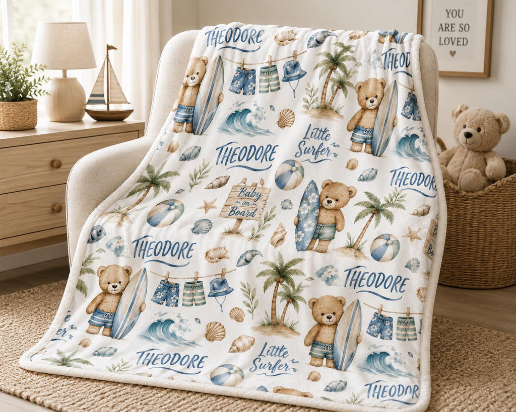 Personalized Surfer Baby Blanket, Baby on Board Blanket, Custom Baby Boy Name Blanket, Little Surfer Nursery Blanket, Beach T