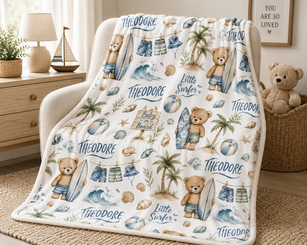 Personalized Surfer Baby Blanket, Baby on Board Blanket, Custom Baby Boy Name Blanket, Little Surfer Nursery Blanket, Beach T