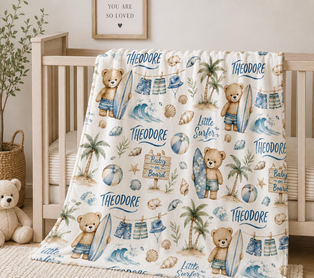 Personalized Surfer Baby Blanket, Baby on Board Blanket, Custom Baby Boy Name Blanket, Little Surfer Nursery Blanket, Beach T