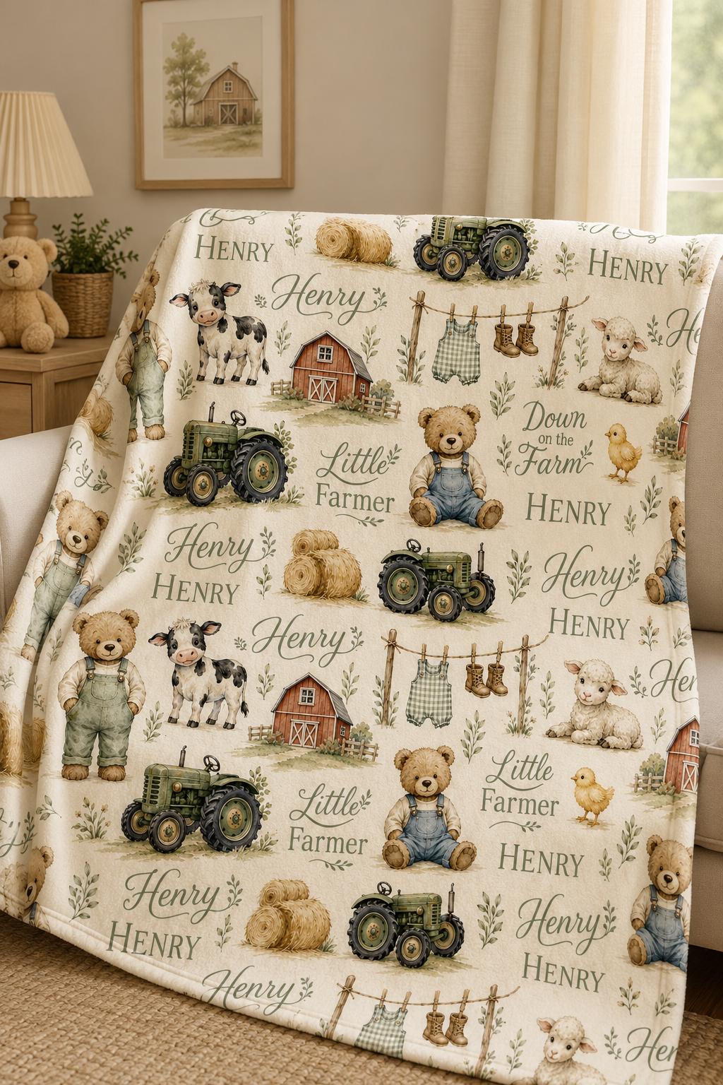 Personalized Farm Baby Blanket, Custom Little Farmer Blanket, Farm Animal Baby Shower Gift, Tractor Teddy Bear Blanket, Perso