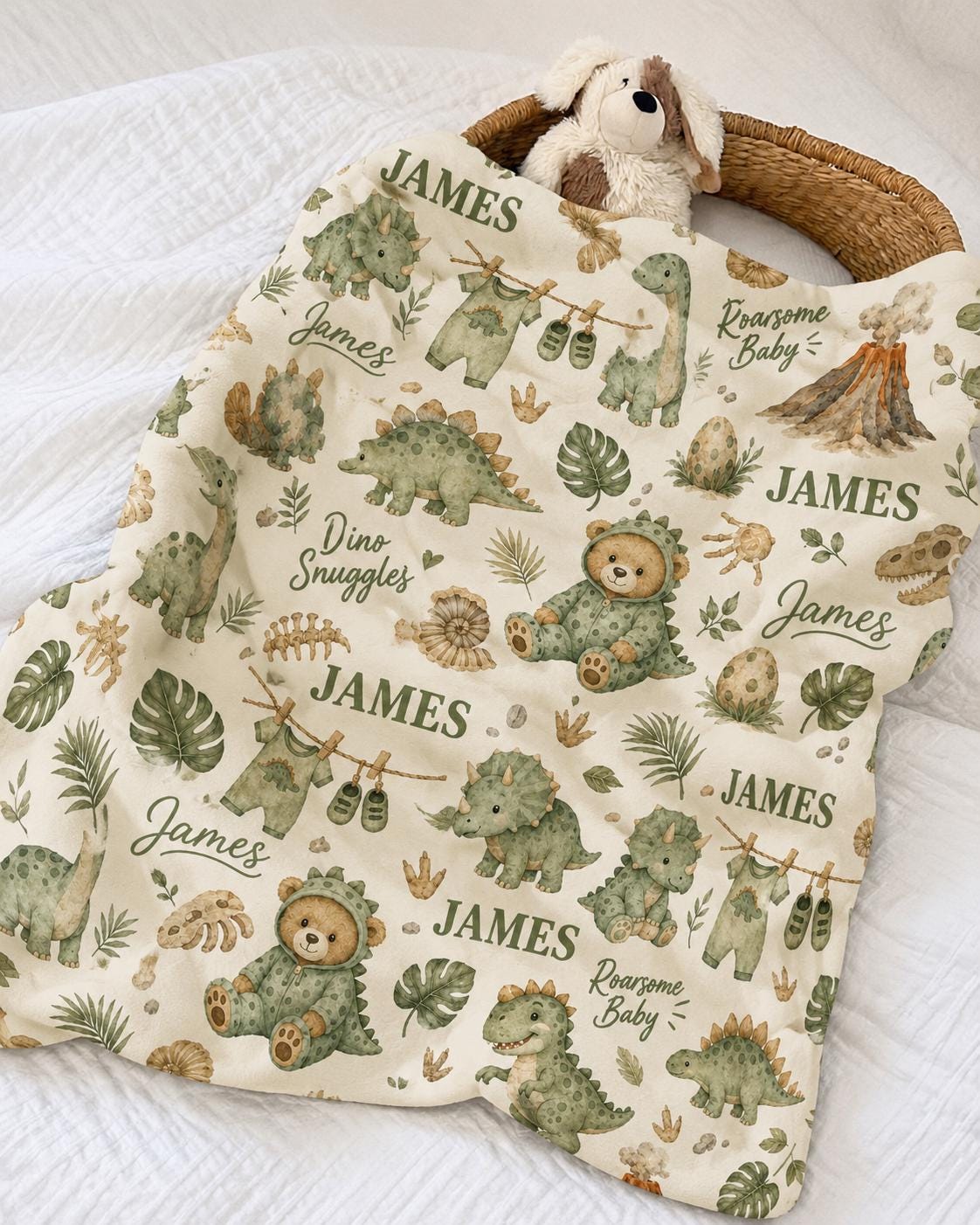 Personalized Dinosaur Baby Blanket, Roarsome Baby Blanket, Custom Baby Boy Name Blanket, Dinosaur Nursery Blanket, Teddy Bear