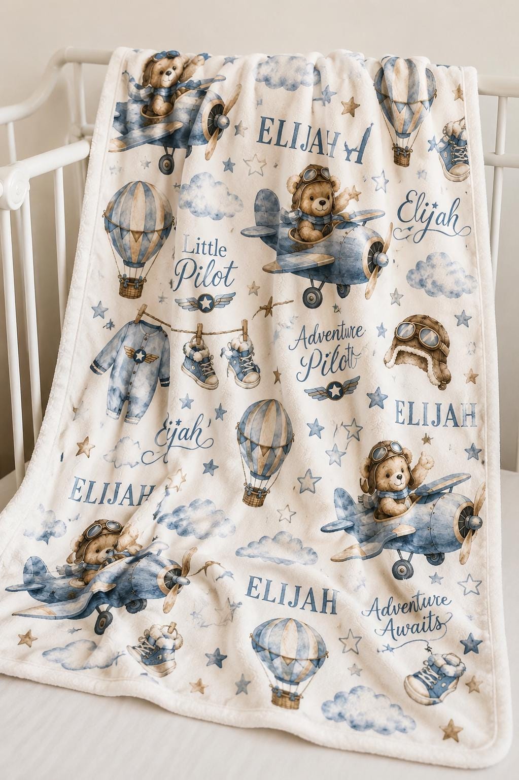 Personalized Airplane Baby Blanket, Little Pilot Baby Blanket, Adventure Awaits Blanket, Custom Baby Boy Name Blanket, Aviati